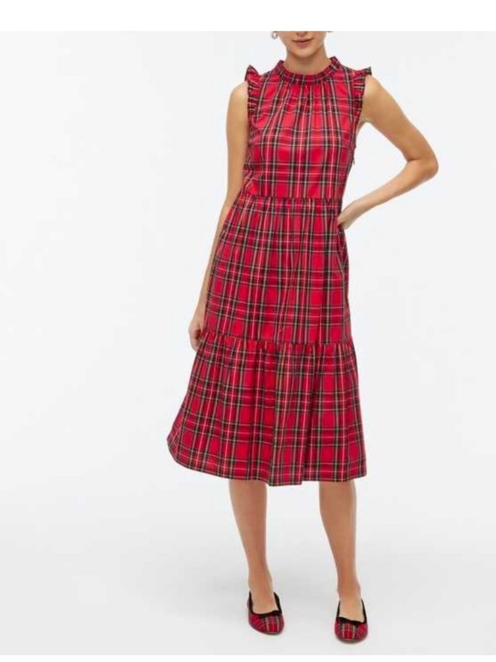 J Crew Classic red green holiday tartan plaid midi dress ruffle 12 side zip